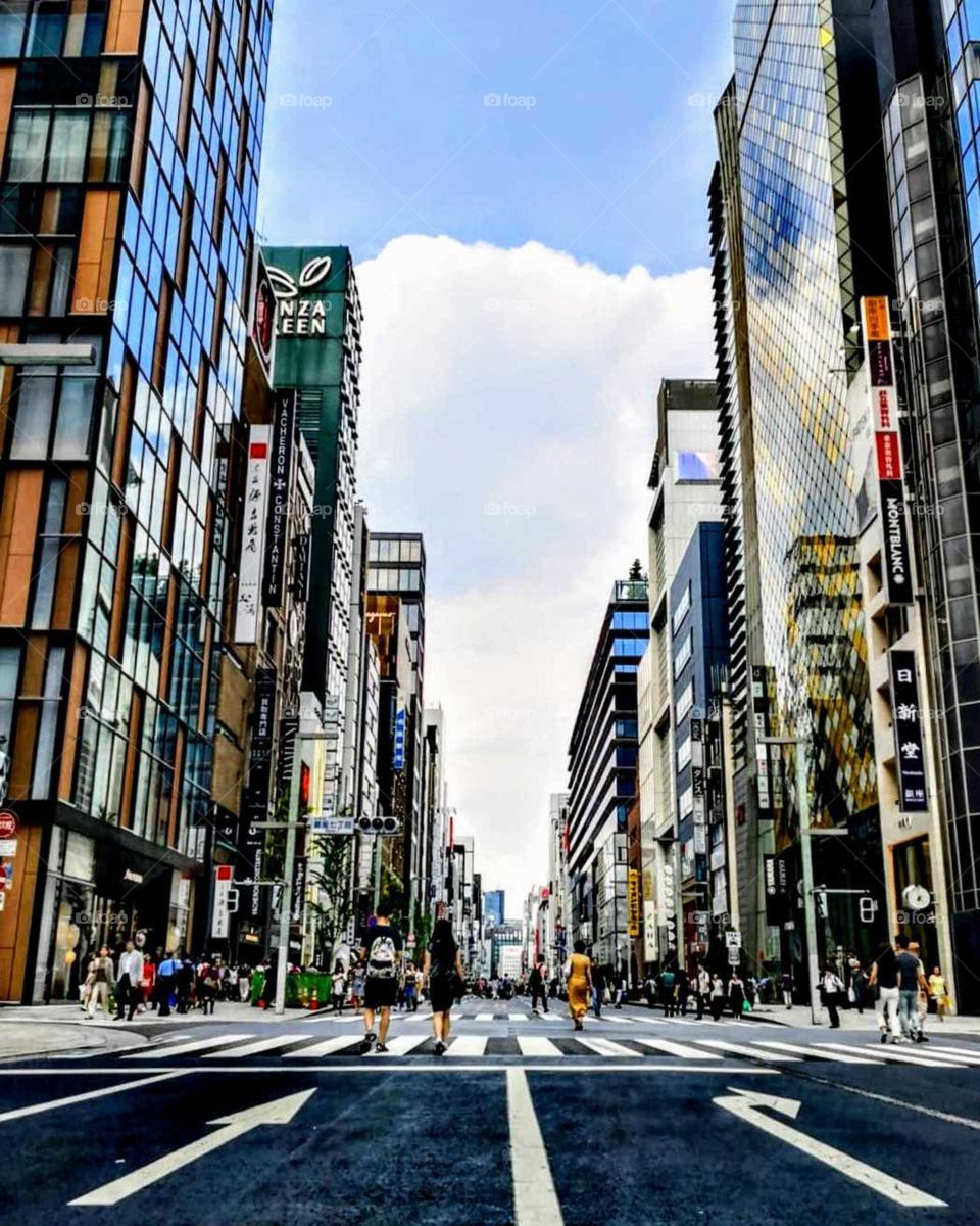 Ginza. Busy Street Surrounded by High Rise in Japan.