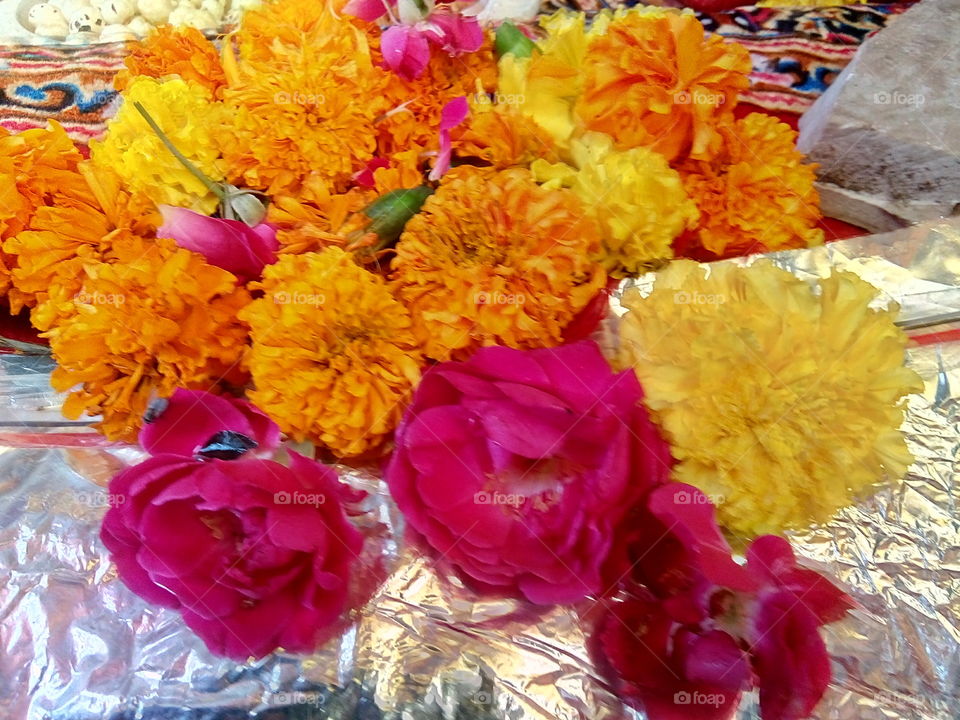 red roj and genda flowers