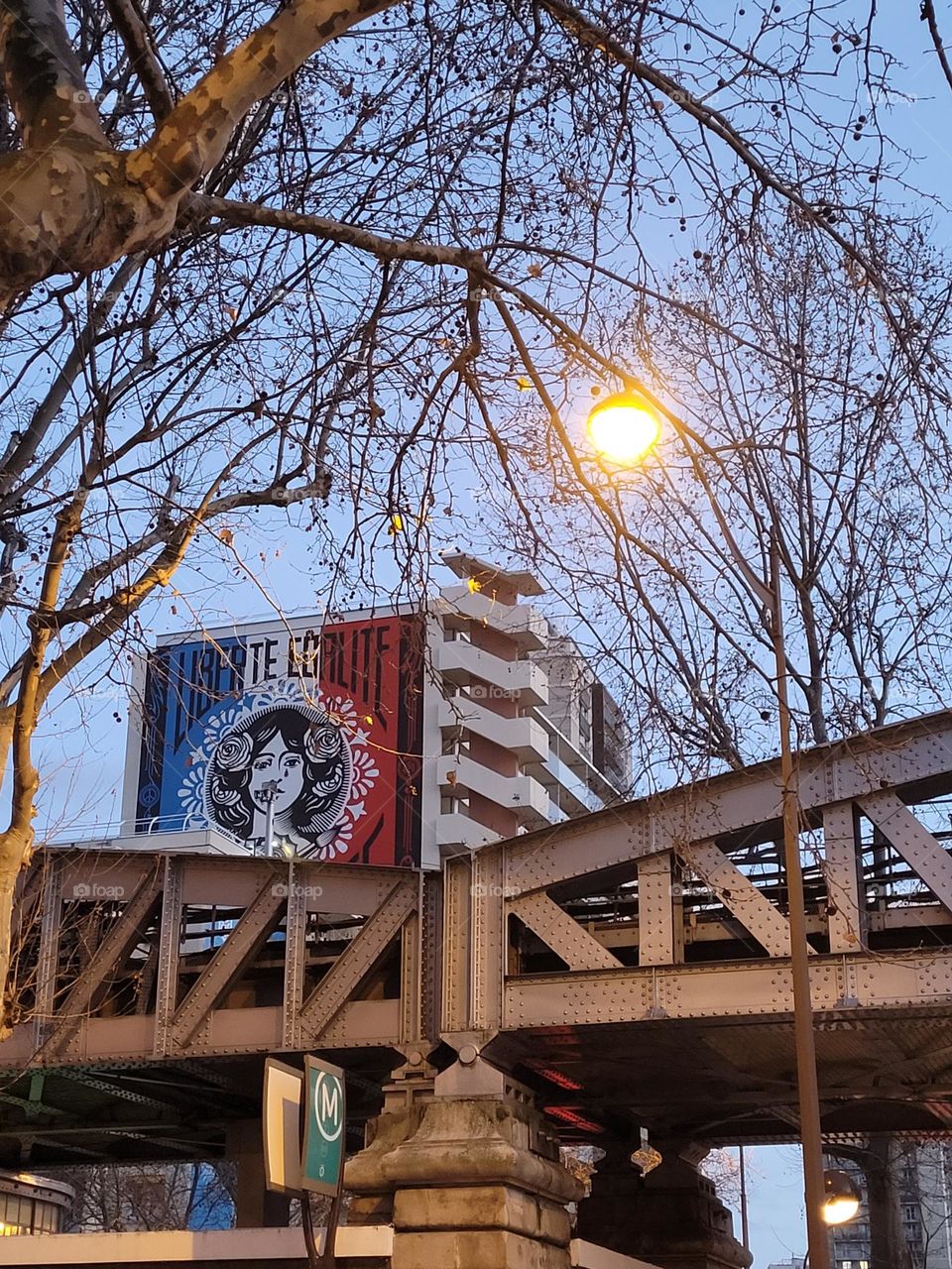 Street art showing French motto of liberté égalité with French flag colors and face of Marianne symbolizing France in front of Paris metro railway in evening light.