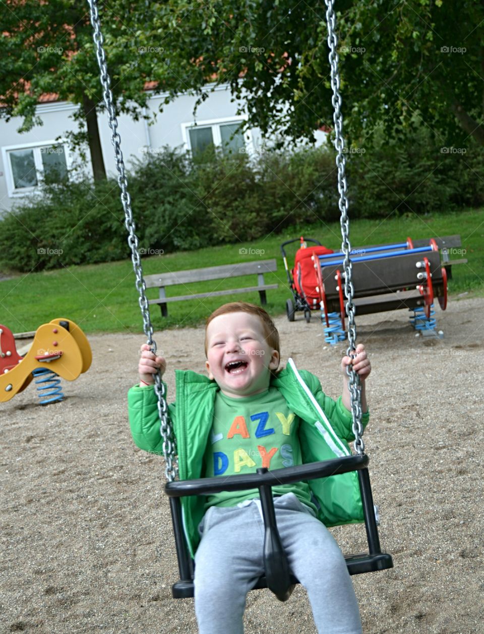 Happy boy sitting on swing