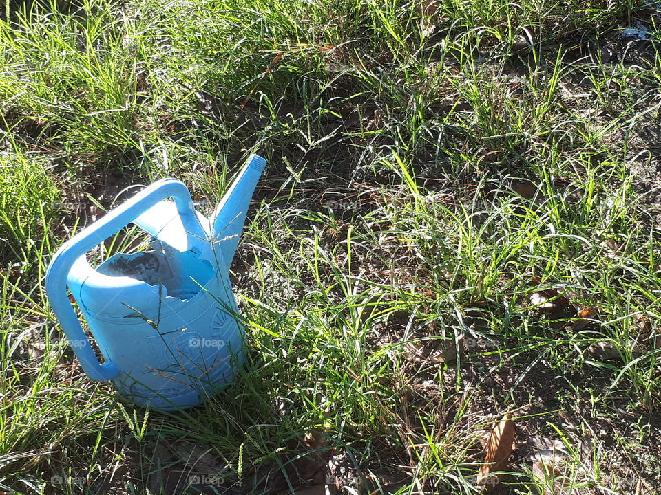 Broken watering can on green grass in sunlight