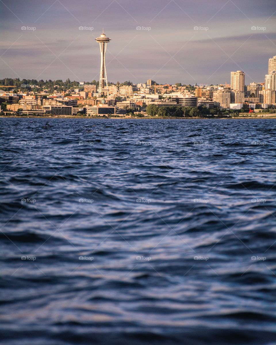 View of Space Needle from Elliott Bay, Seattle, Washington, USA