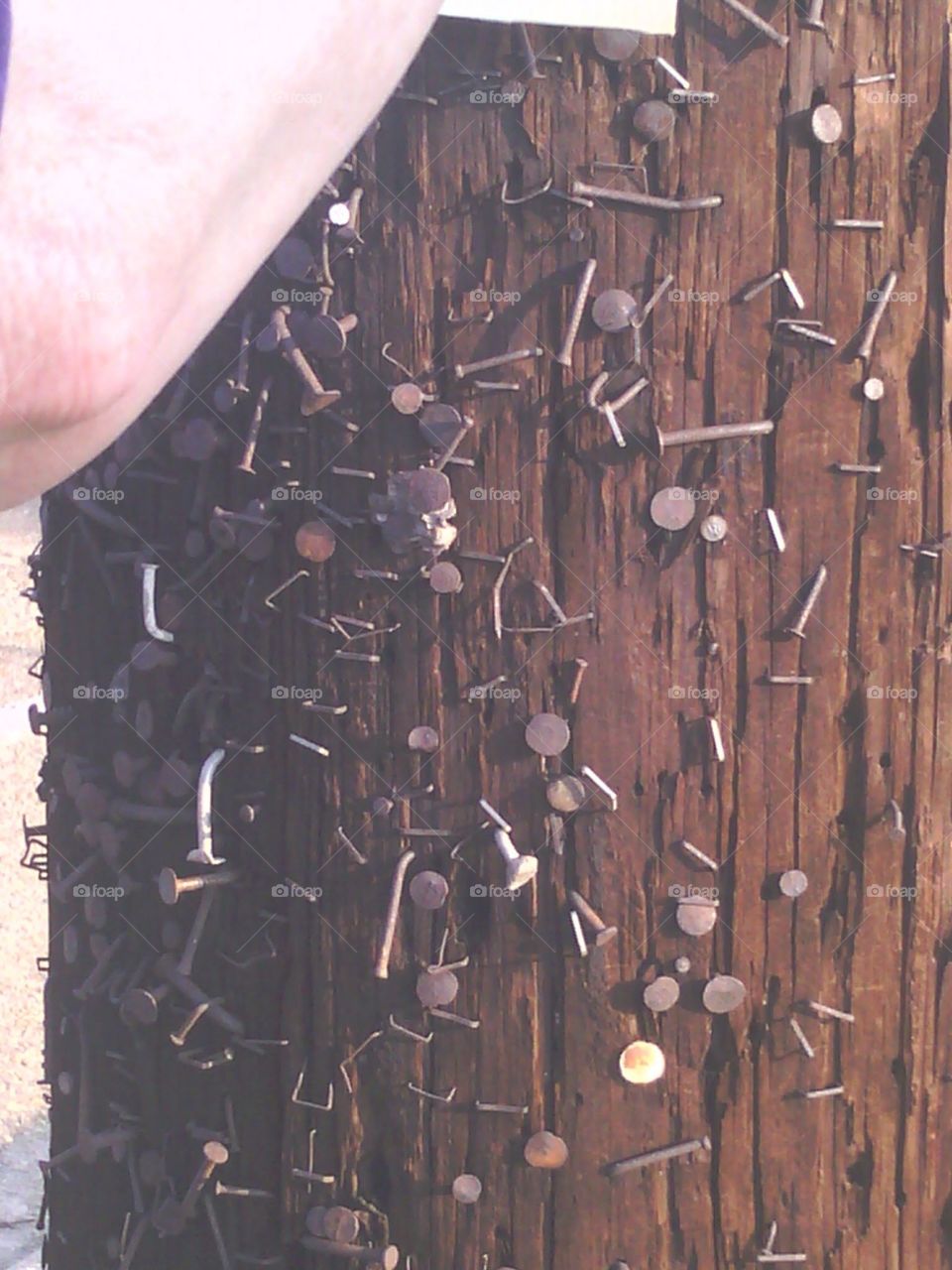 Too many garage sales?. Light post overloaded with nails