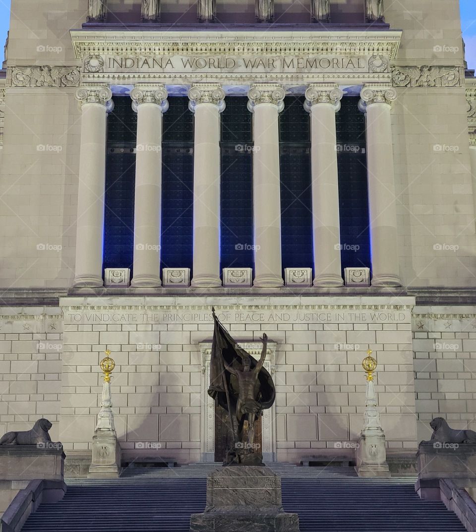 Indiana War Memorial at night. Indianapolis, IN.