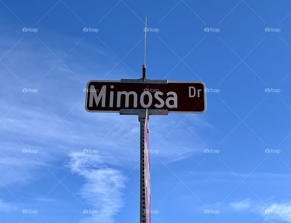 Fun rectangle residential California brown street sign for Mimosa Drive with blue skies.  Amusing because it reminds you of a mimosa drink.