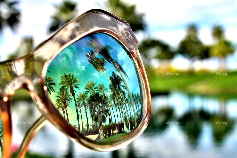 Reflection of palm trees on sunglasses