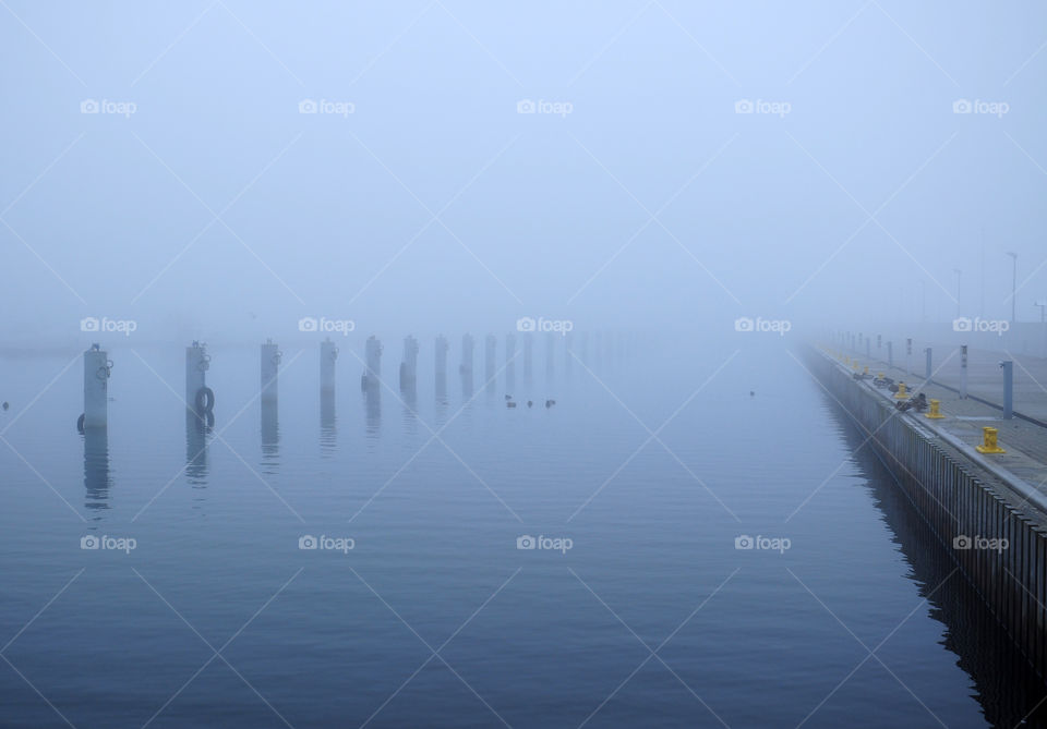 foggy morning at the baltic sea - small port in gdynia, poland