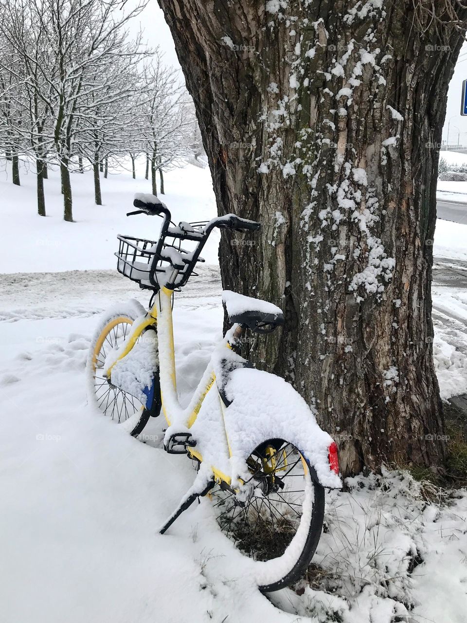 A bicycle left in the snow.