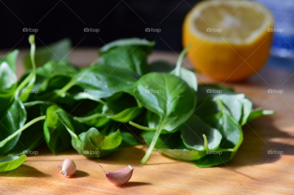 Ingredients for a delicious dinner of salmon and spinach