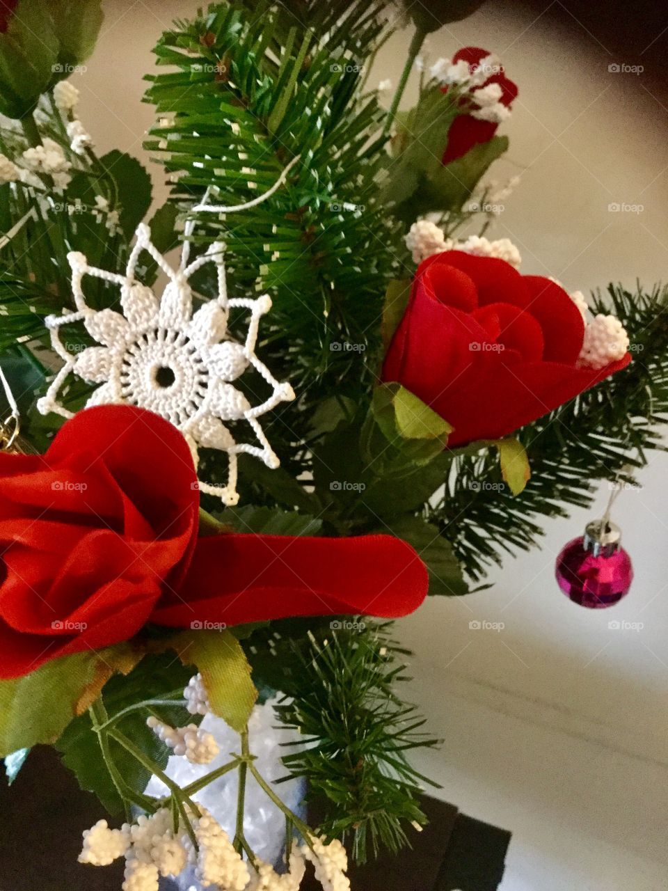 Red Roses-with Christmas ornaments 