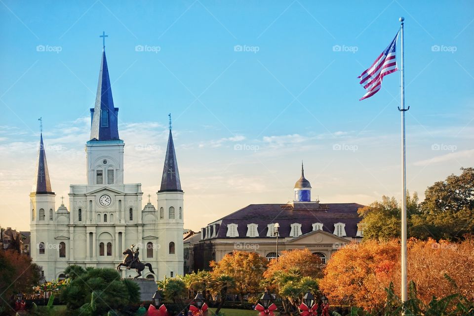 St. Louis Cathedral (left) and the Louisiana State Museum (The Presbytère), across Jackson Square in the French Quarter, New Orleans, Louisiana, USA.