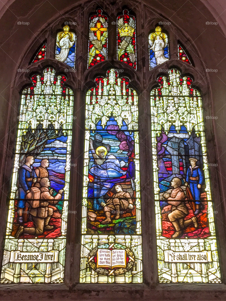 Stained glass window from an Essex church, set up as a memorial to those who died in the First World War.
