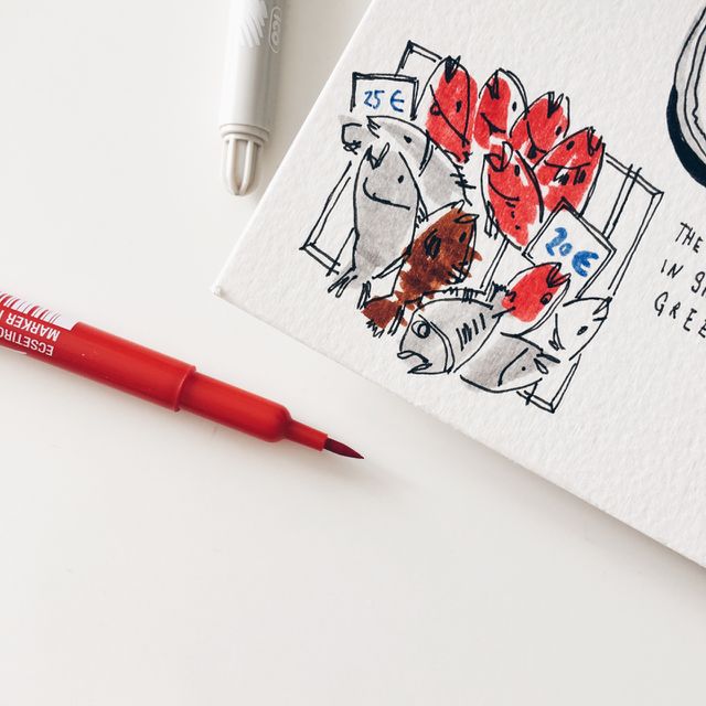 Red color story : Fish market painting with red marker.