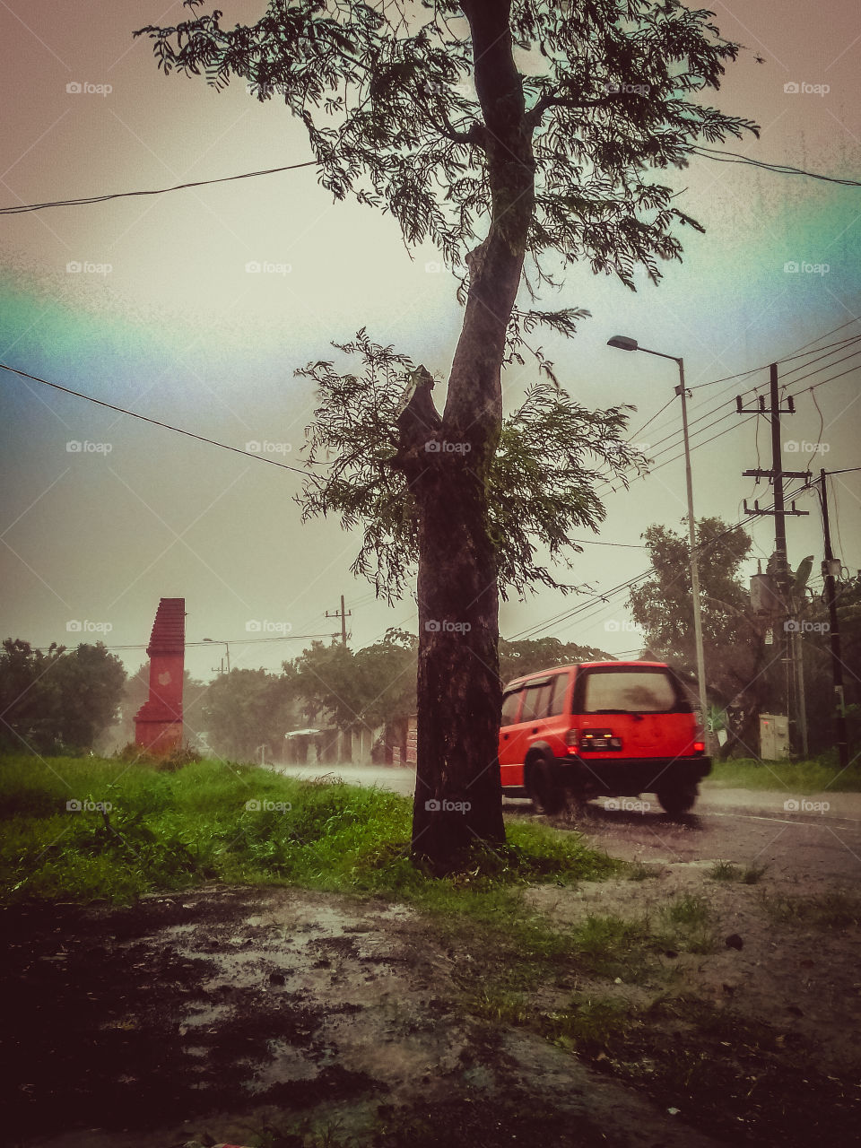 rural town, rain, wet roads
