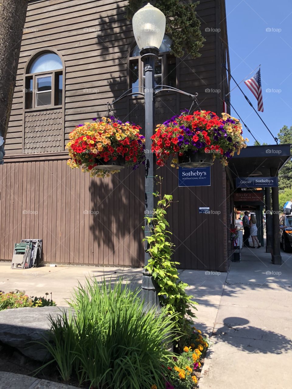 Hanging baskets in downtown Whitefish 