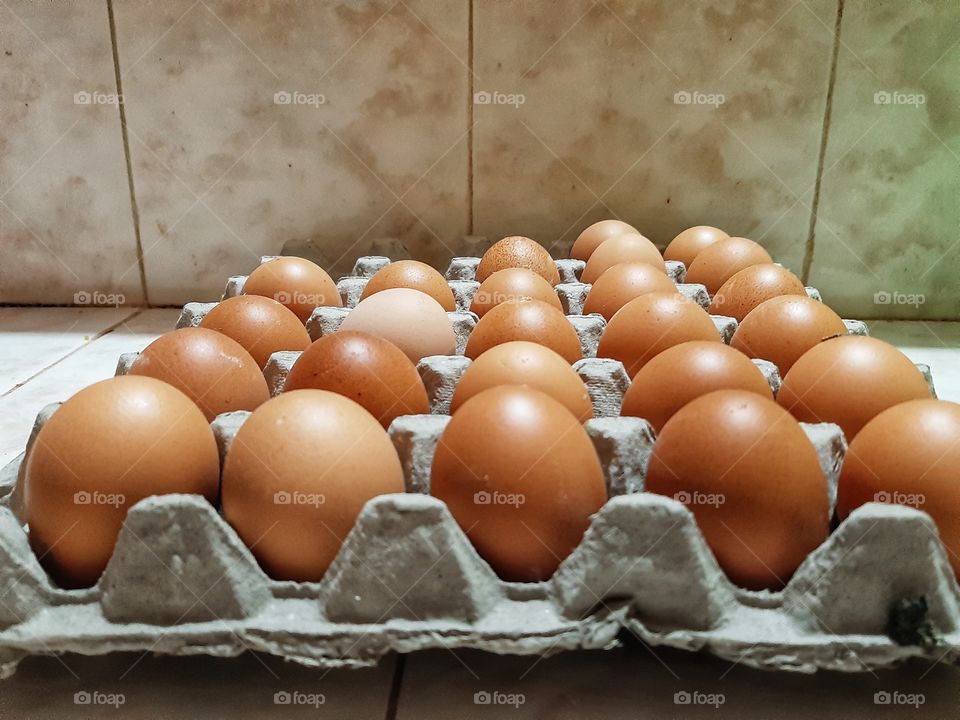 These are the chicken eggs taht is put in egg holder. Egg has many kind of proteins and is good for health.