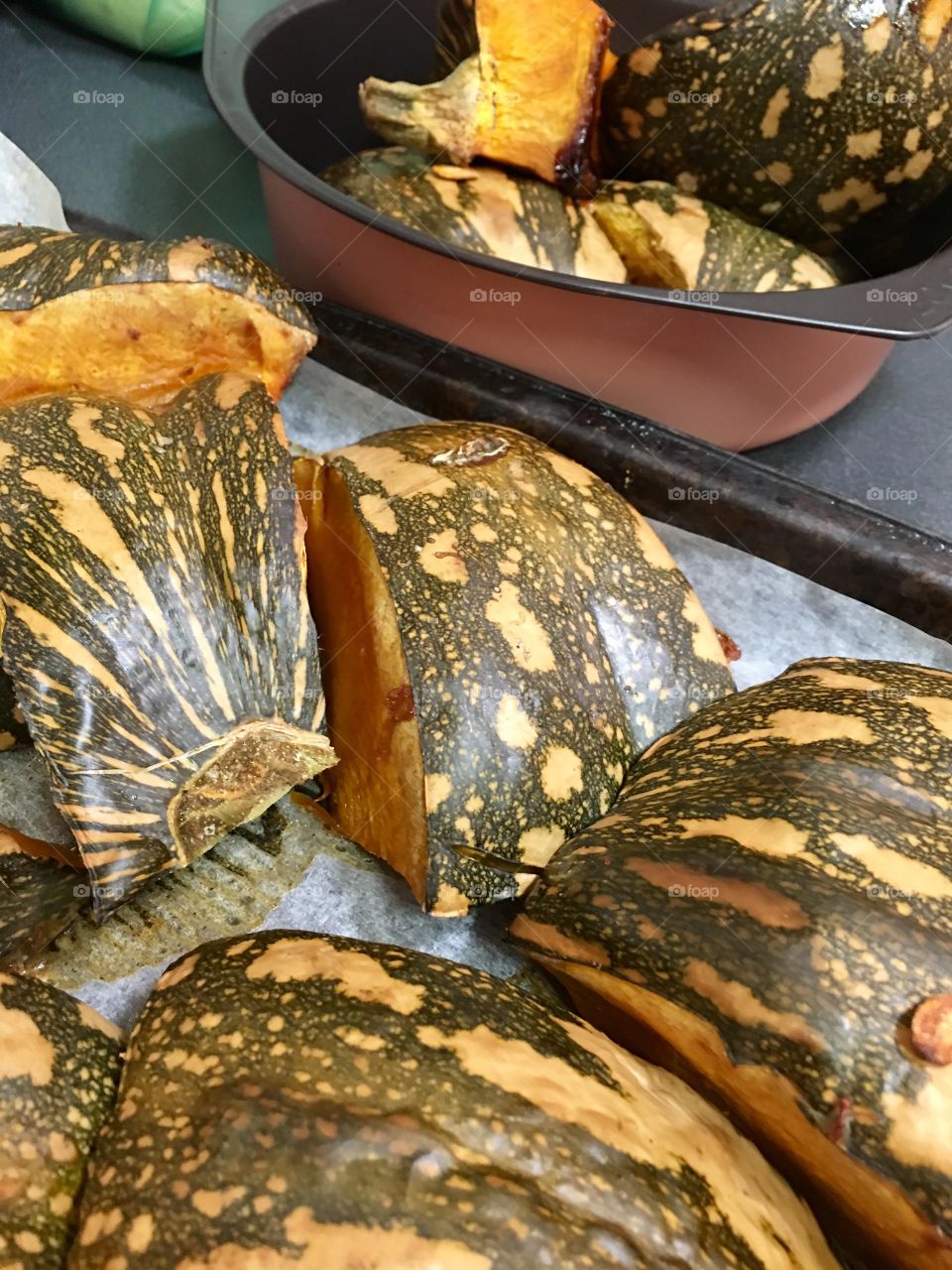 Preparations for home made pumpkin pie, freshly roasted pumpkin squash 