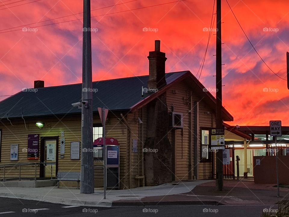 Firey Sunrise at the Wallan train station in Victoria Australia Melbourne outback country