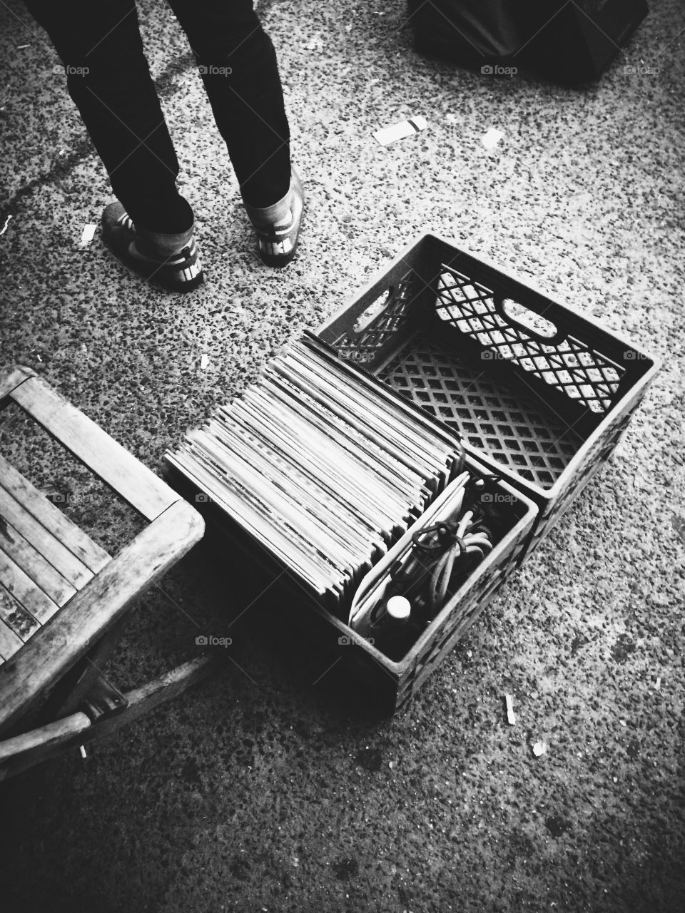 Beats on the street. Record crates DJ feet