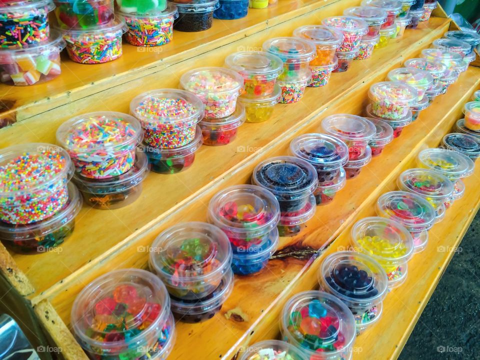 Delicious colorful candy and jelly at walking street food
