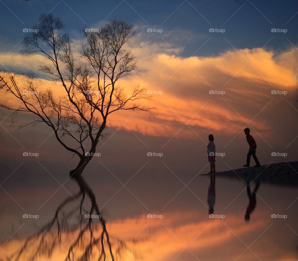 a boy a girl and a tree. a boy and a girl silhouette and reflection by al lake near a big tree at sunset 