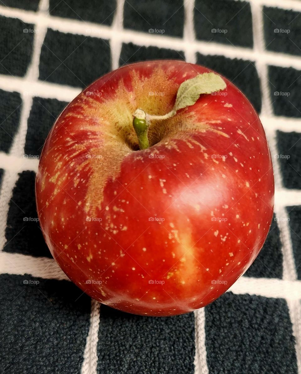 close up view of a delicious red apple with small green leaf picked from an apple tree in Oregon at the beginning of Autumn