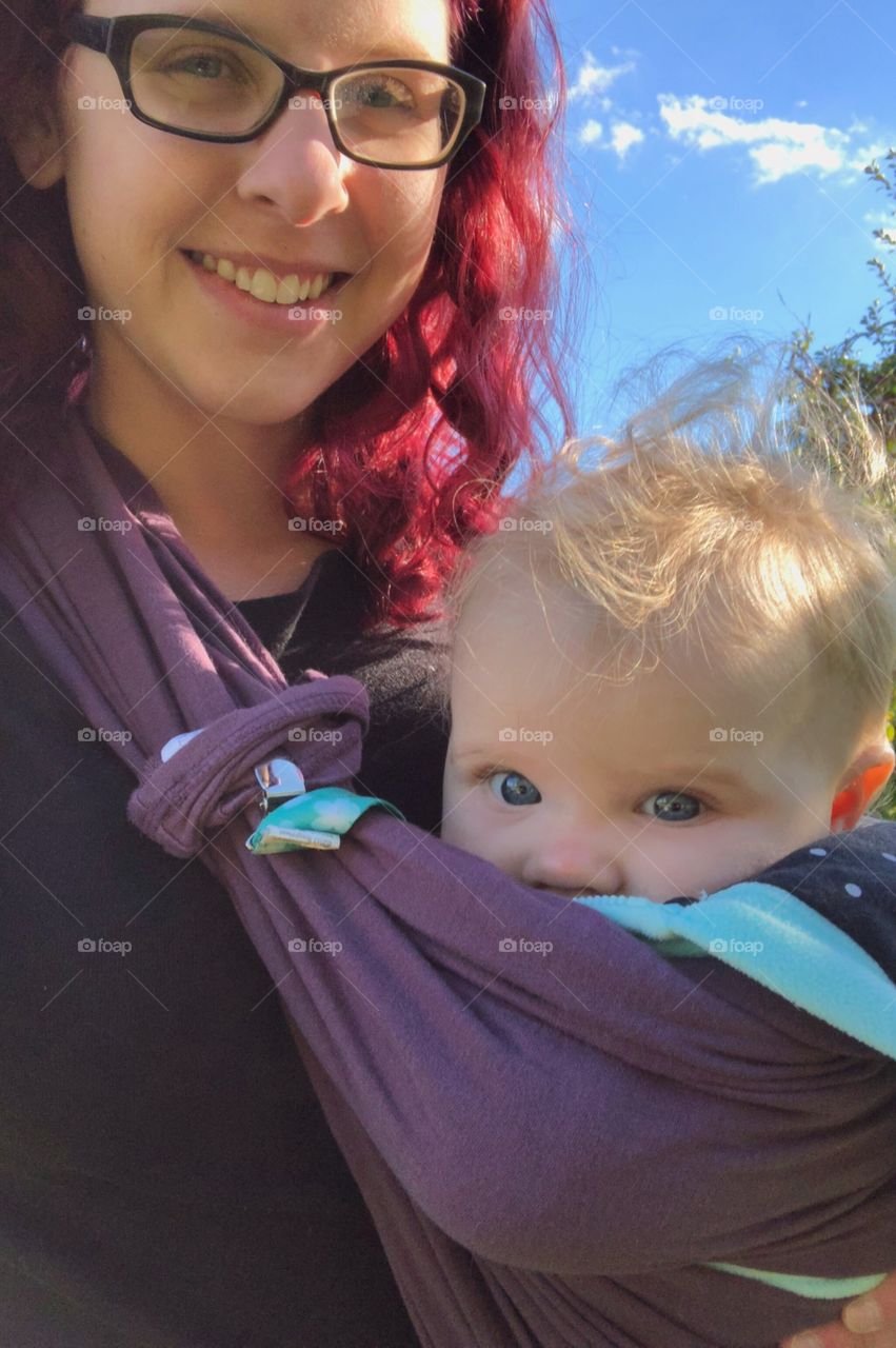 Family portrait out apple picking. 