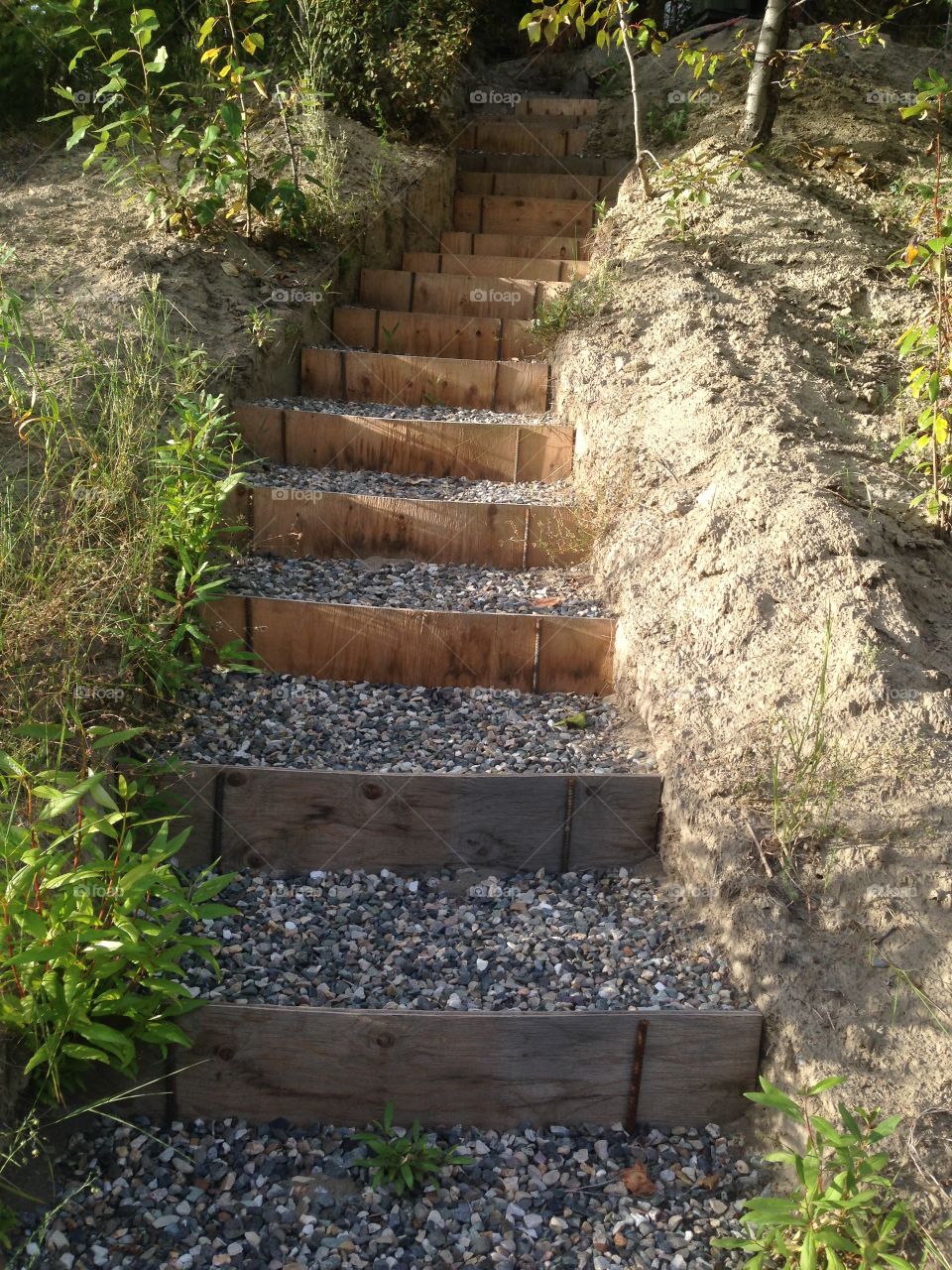 Homemade gravel stairs on a mountain side