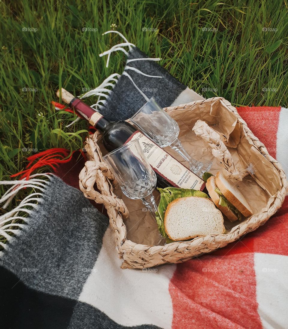 modest picnic with wine and sandwiches on green grass with a red blanket