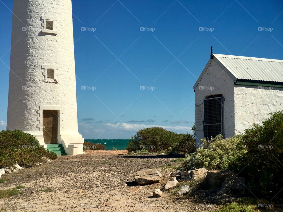 Old white lighthouse and outbuildings, south Australia, Point Lowly