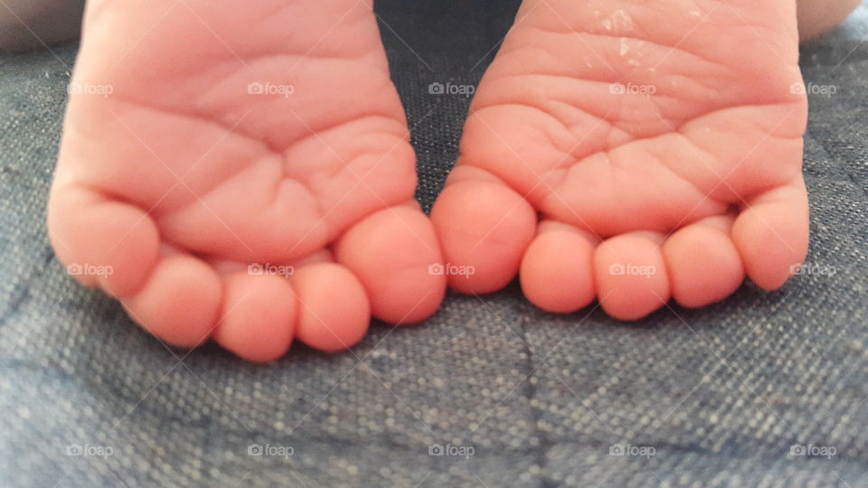 Precious tiny little toes of a new born baby still all wrinkled and curled.