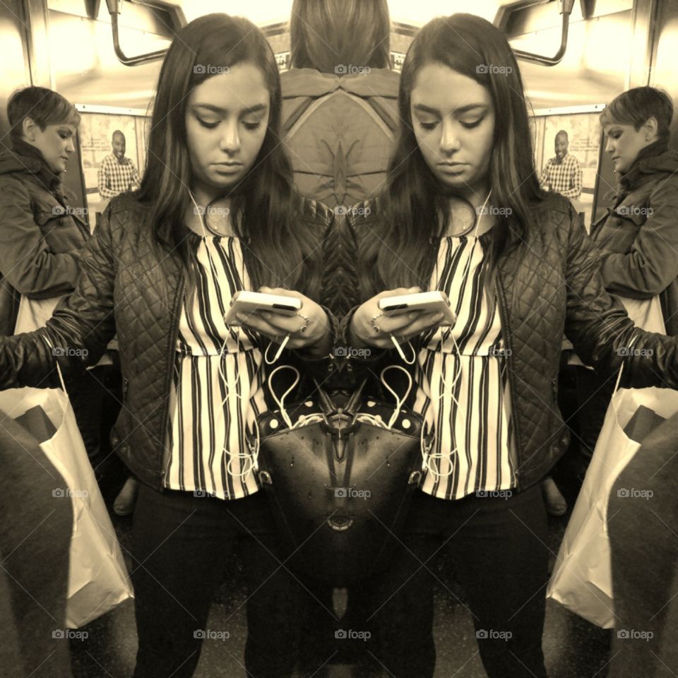 Girl Riding Subway in NYC Looking at her Phone. Photo Collage.