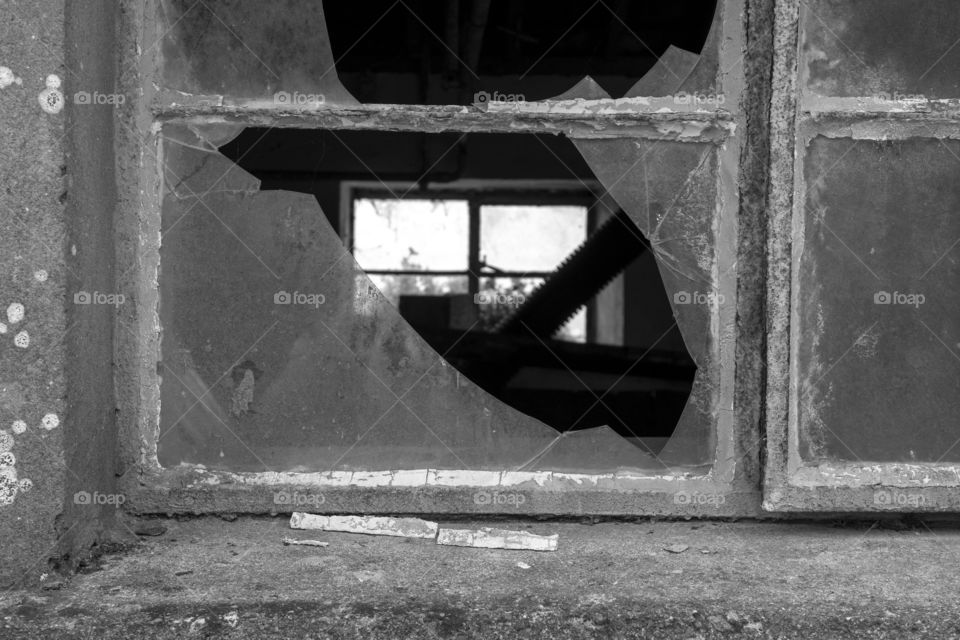 Broken Window in Black and White 