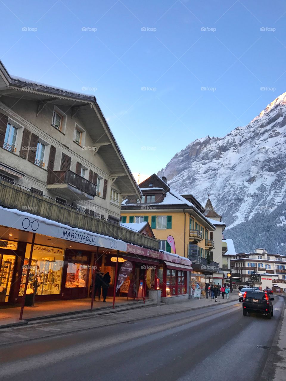 Shops and alps view in Grindelwald, Switzerland 