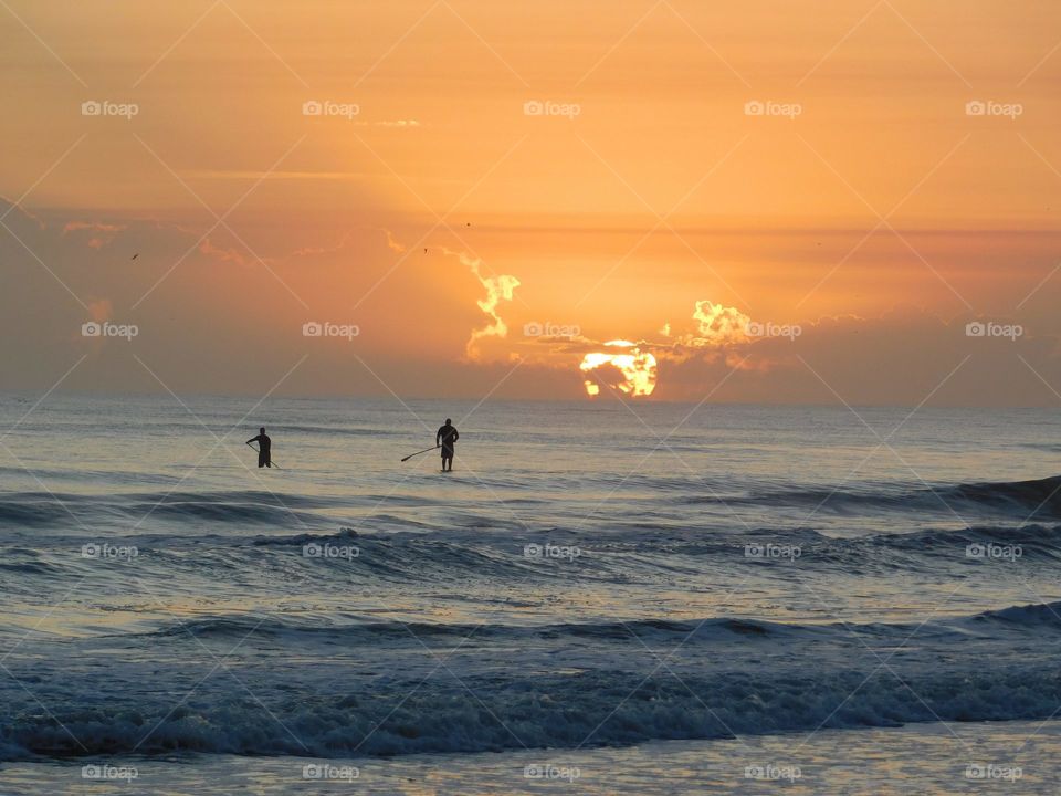 Sunrise over the ocean,  surfing, beach, sky, clouds