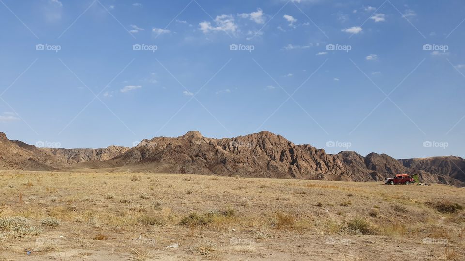 camping on deserted river bank near Ili river in Kazakhstan