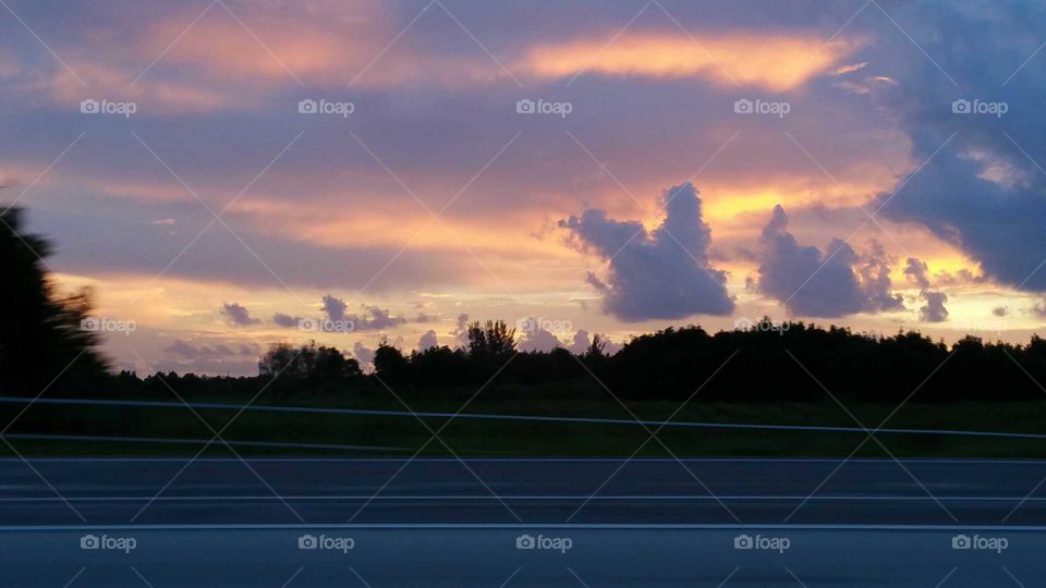 Sunset, yellow, sky, Clouds, highway, travel,