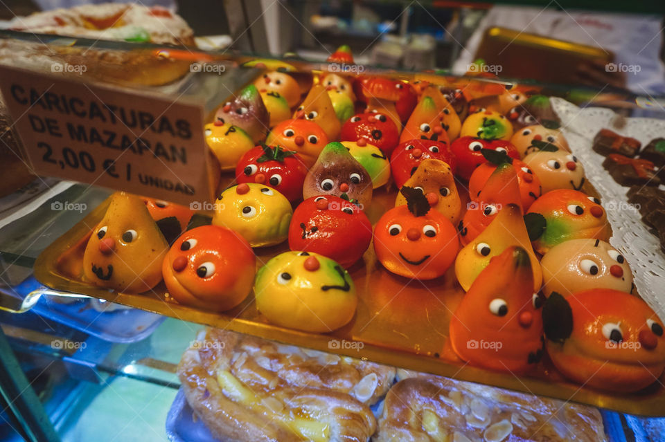 Cute marzipan characters at a bakery in Madrid, Spain 
