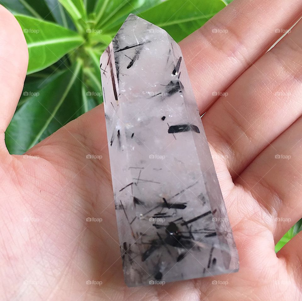 Black tourmalinated quartz polished crystal tower point