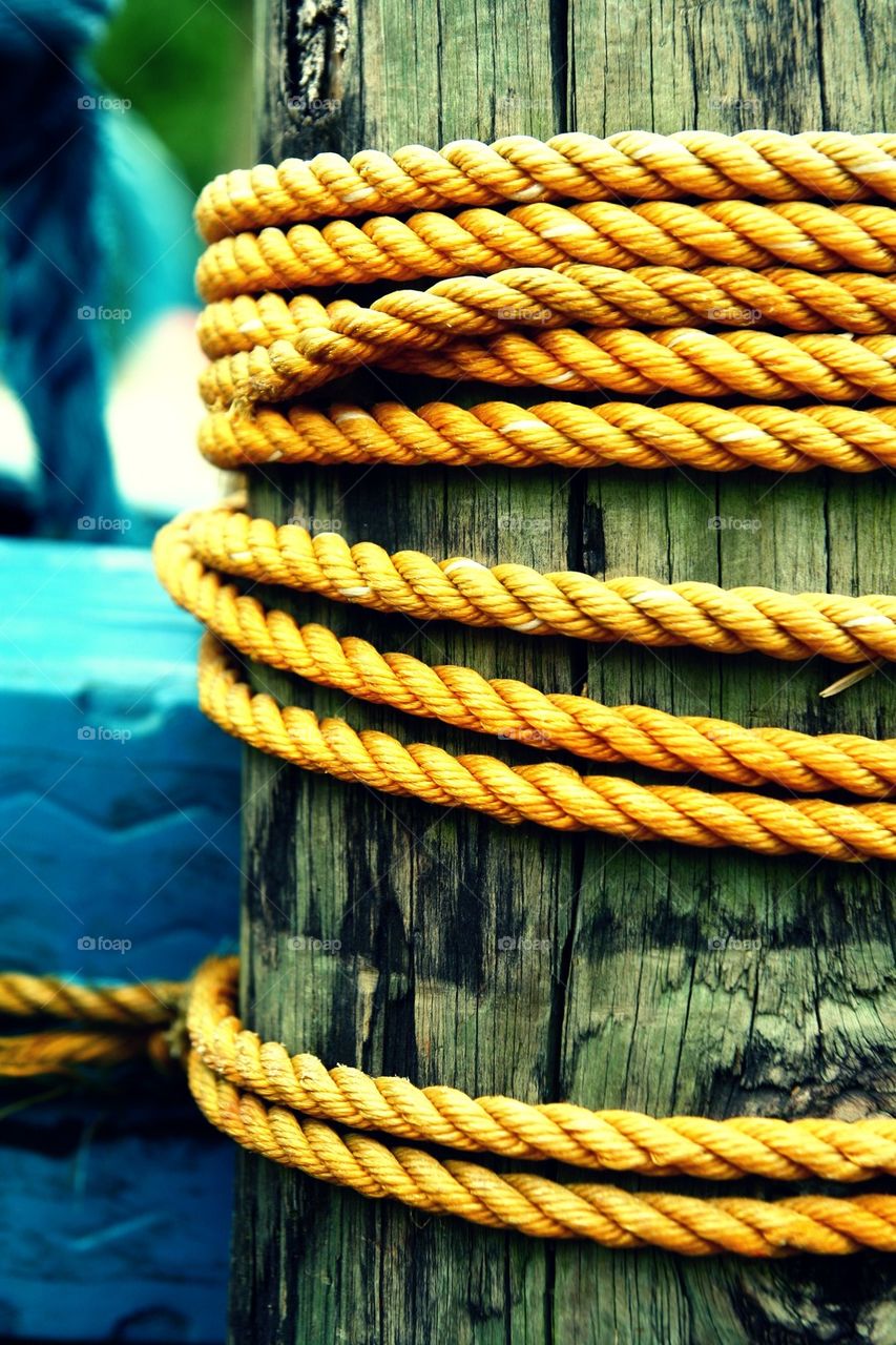 nylon rope tied around a wooden pole