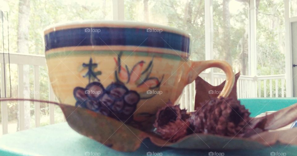 coffee on the porch on crisp autumn morning