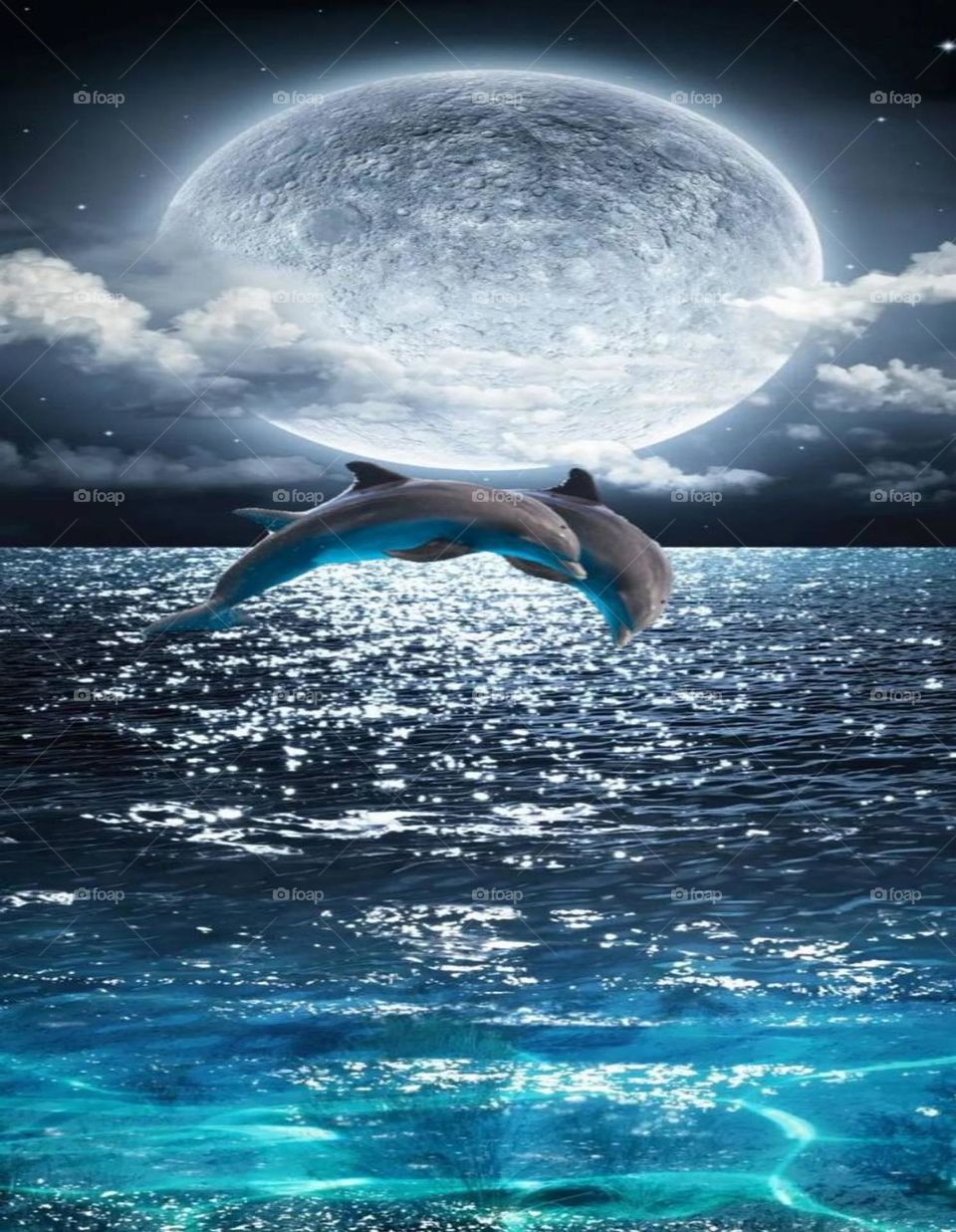 The dolphin lives romance and love and plays with a fun and attractive water show in a scene that draws attention with the moonlight and the reflection of the rays of light on the waves of blue sea water with the appearance of the captivating moonlig