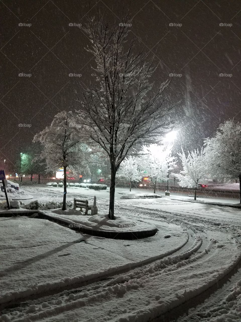 A snowy night in a small town.