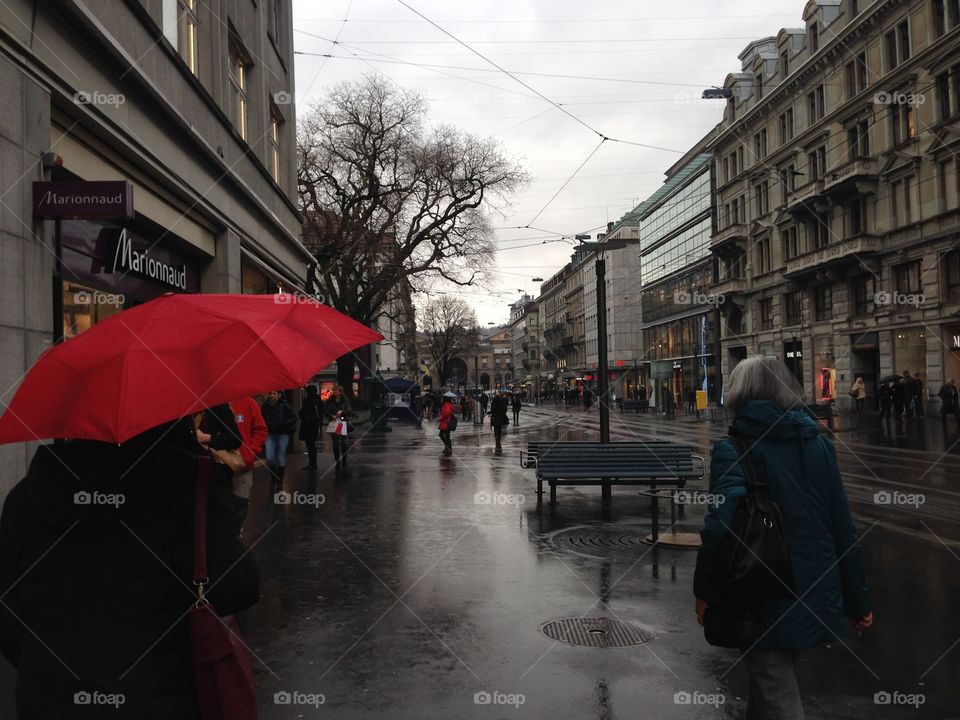Red umbrella. One rainy day in Zürich.