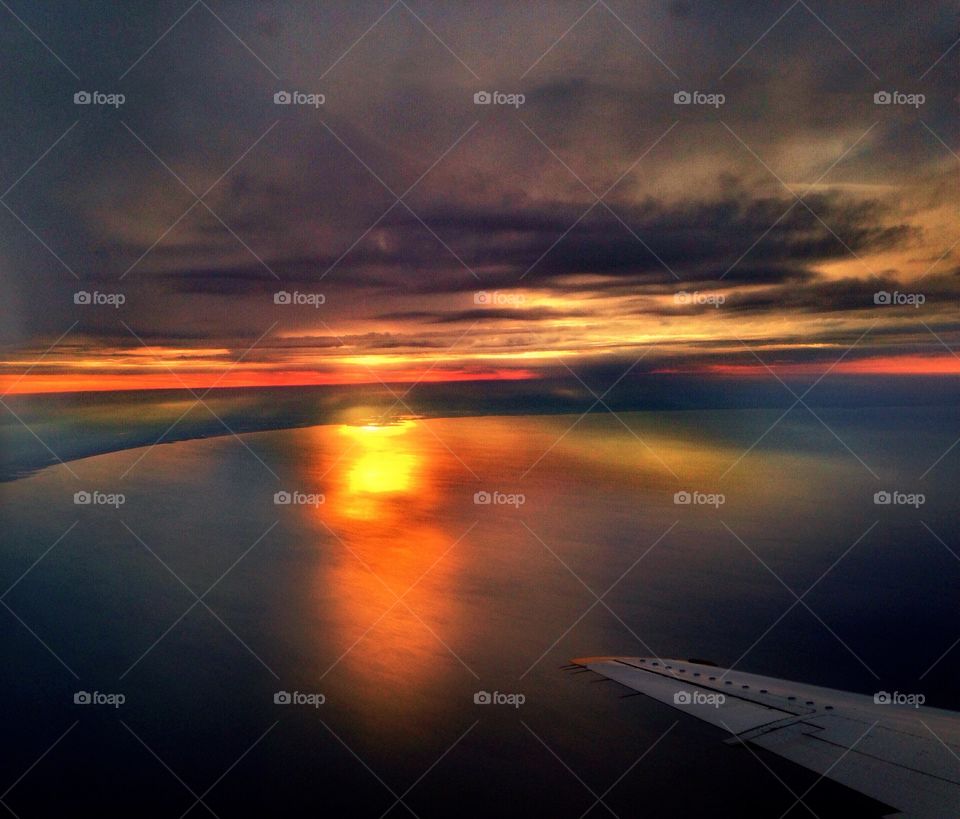 Sunset. Sunset over Lake Michigan from plane