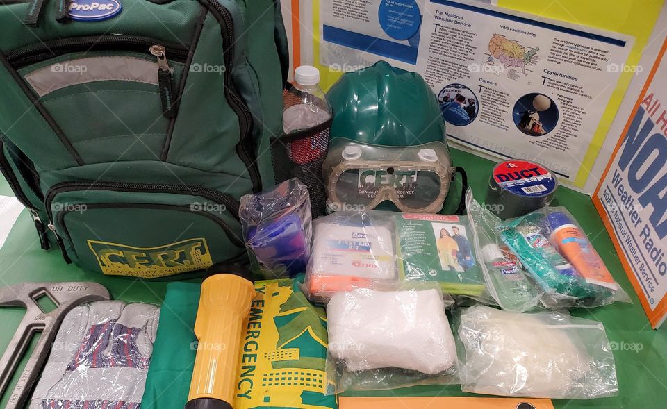 Community Emergency Response Team organization table set up. This organization has chapters through out the USA of volunteers who teach emergency preparedness and help during disasters & emergencies in communities through out the USA.