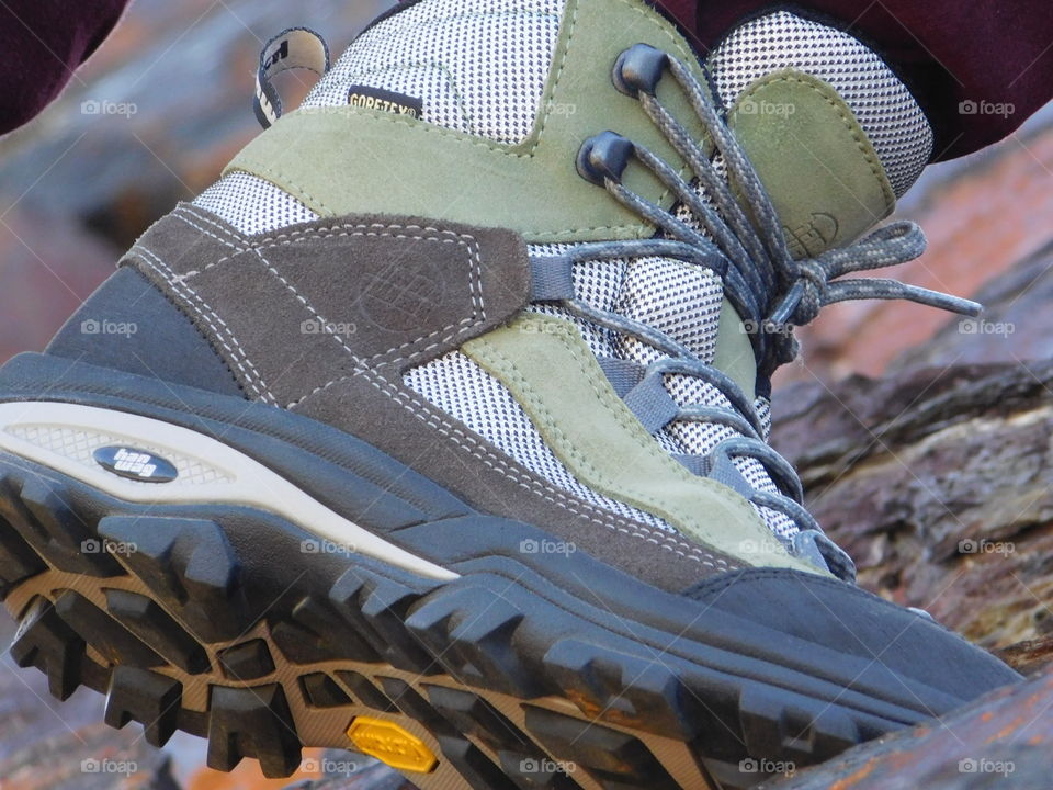 Climbing rocks with my  hiking boots 