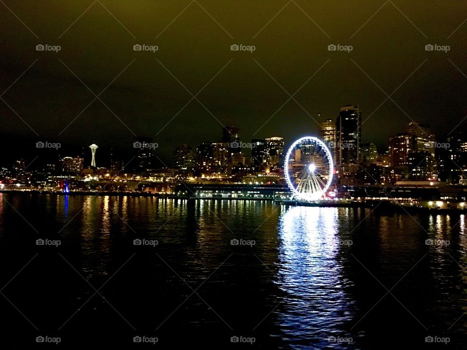 Seattle Waterfront at Night with Great Wheel and Space Needle