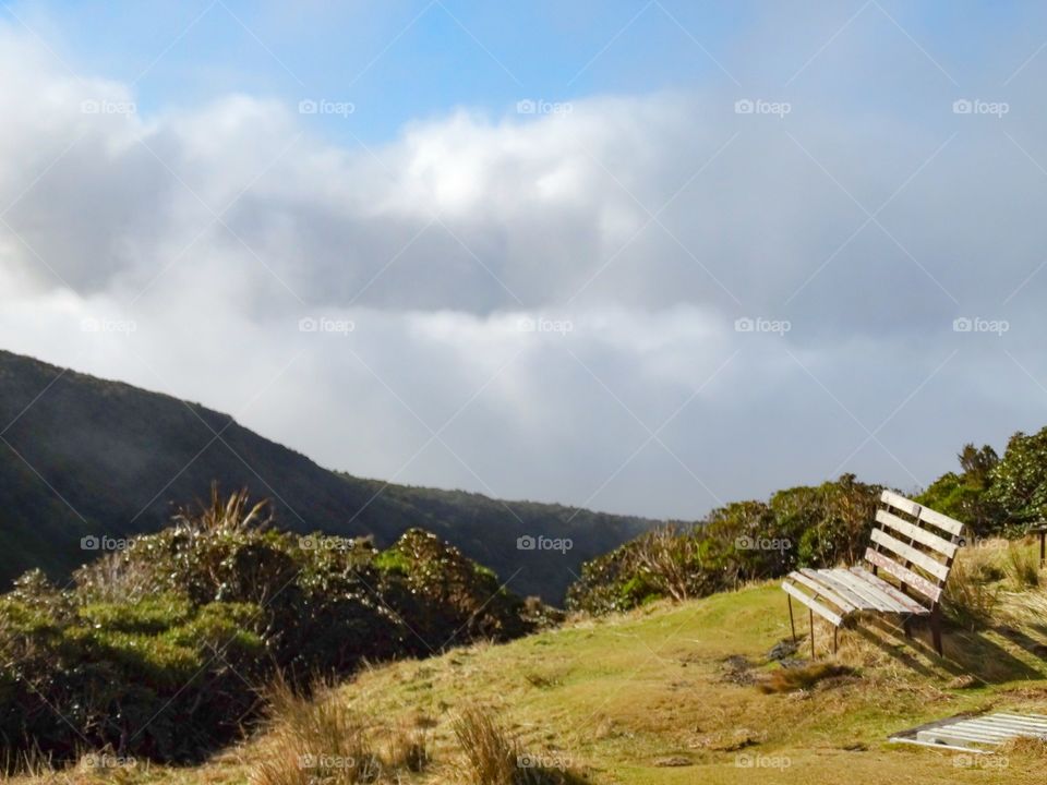 View of bench on mountain, Mt Taranaki, New Zealand
