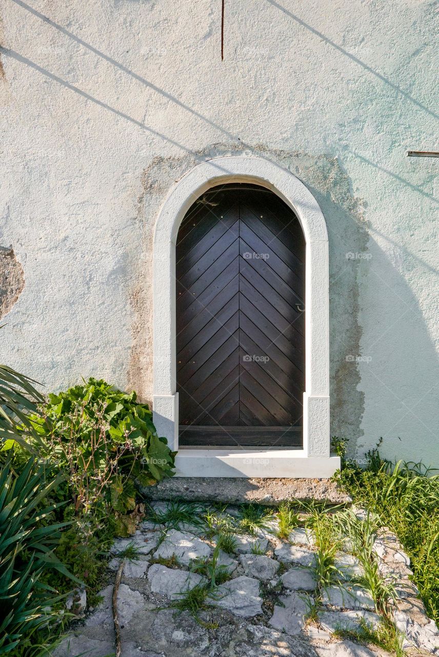 Minimal photo of plants in front of old building with wooden door